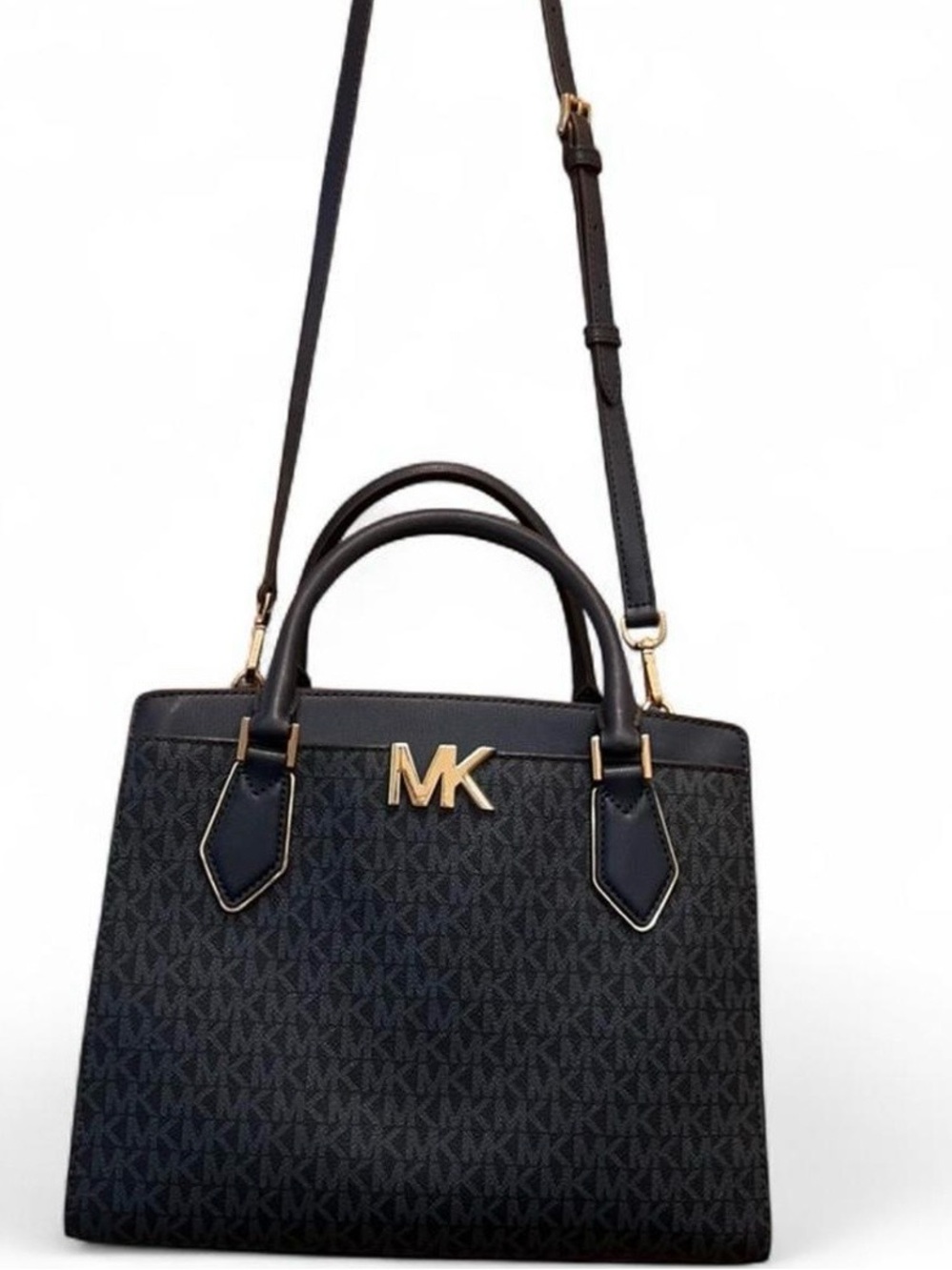 Michael Kors Navy Blue Monogram Satchel with Gold MK Accent